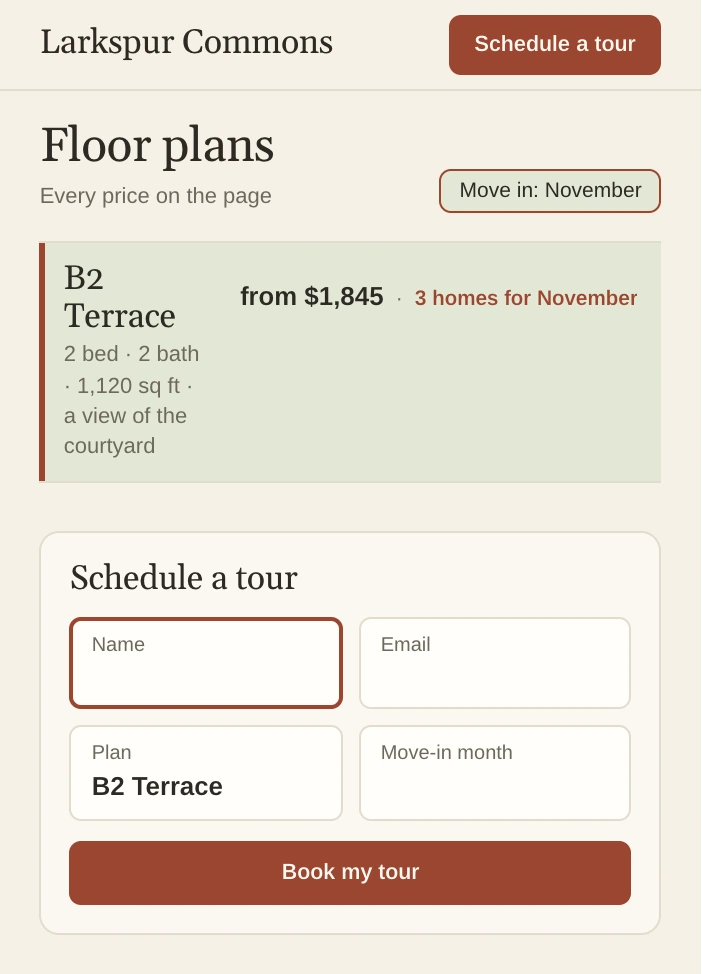 Larkspur Commons's Floor plans page with B2 Terrace lit.