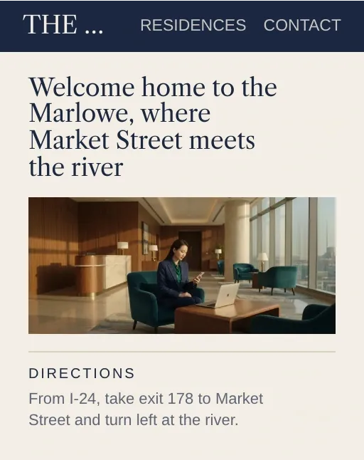 The Marlowe's contact page with three pins: on the welcome line, the office photo and the directions.