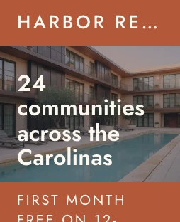 Harbor Residential's home page header in the Clutch app: the name bar, the courtyard under 24 communities across the Carolinas and the special.