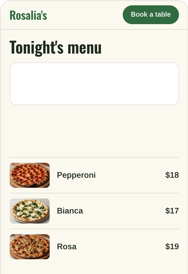 Rosalia's menu page on a phone, tonight's special reading burrata with peaches and basil above the pizzas, with the owner's pinned ask.