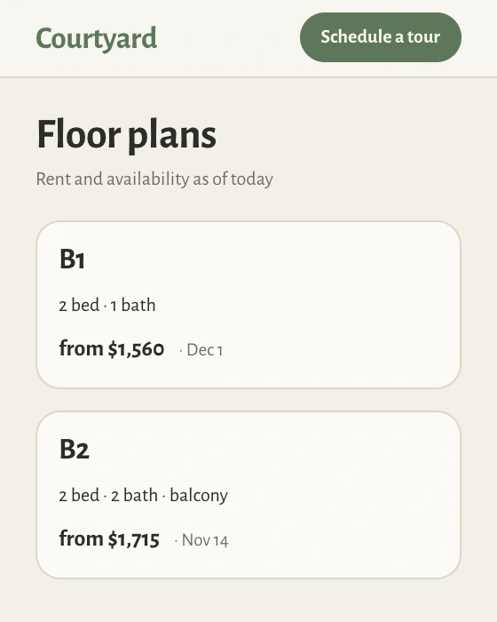 Courtyard's Floor plans page in sage and cream with rounded cards: B1 from $1,560 and B2 from $1,715.