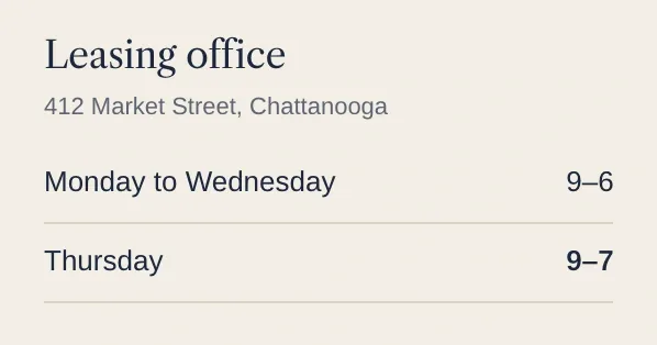 The Marlowe's leasing office hours with Thursday at 9–7 and the done pin on it.