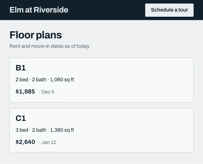 Elm at Riverside's Floor plans page in ink and pale grey with square cards: B1 at $1,985 and C1 at $2,640.