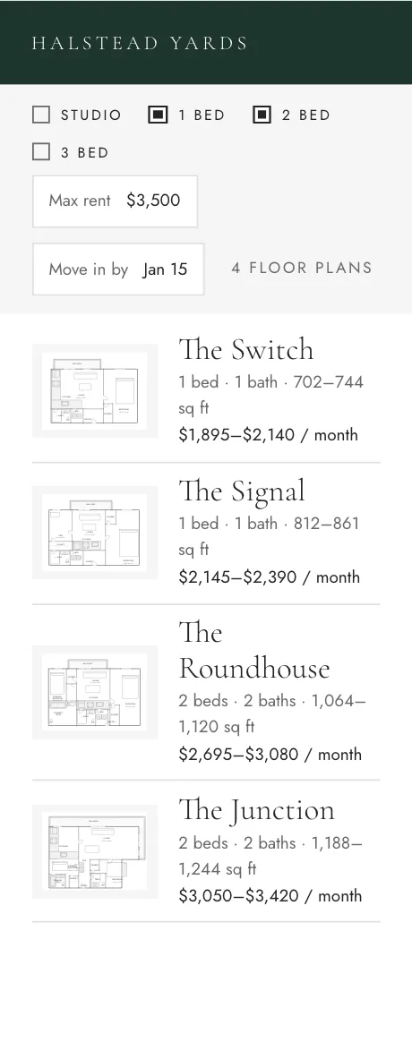 Halstead Yards' Floorplans with an apartment search: 1 and 2 bed picked, max rent $3,500, move in by Jan 15, and the floor plans that match.