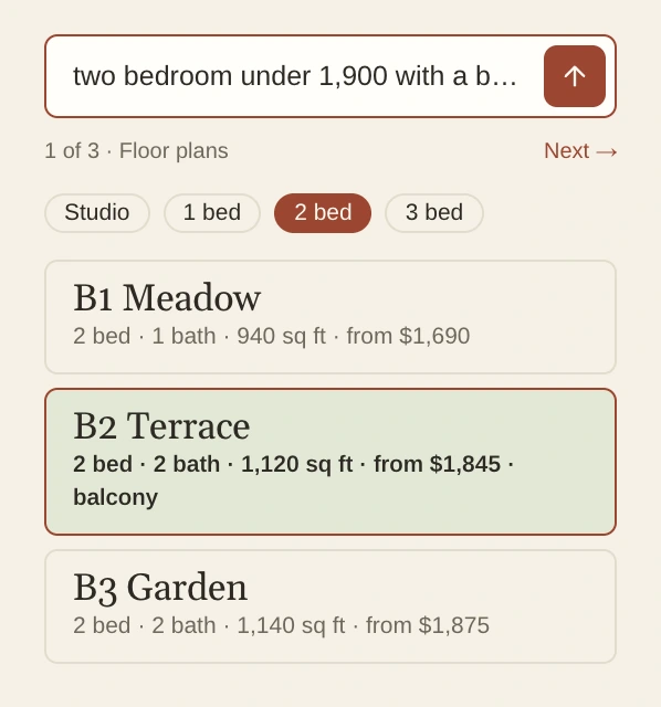 Larkspur Commons's Floor plans filtered to two bedrooms with B2 Terrace, from $1,845 with a balcony, highlighted under the question.