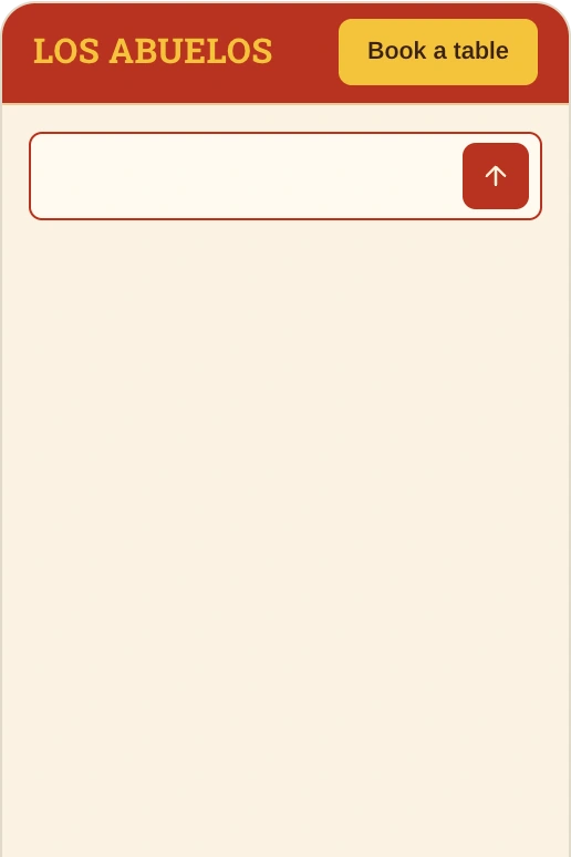 Los Abuelos's site on a phone: a guest types a table for six tonight into its ask bar and the site opens Book a table over the dining room photo.
