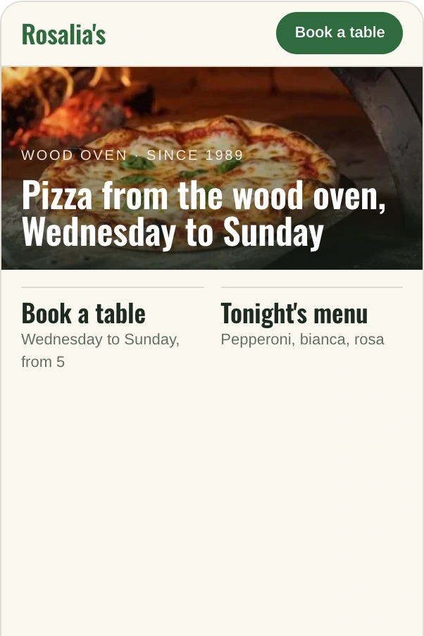 Rosalia's home page on a phone: Pizza from the wood oven, Wednesday to Sunday, over the wood oven photo, with Book a table and Tonight's menu below.