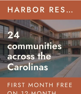 Harbor Residential's home page header in the Clutch app: the name bar, the courtyard under 24 communities across the Carolinas and the special.