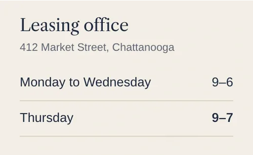 The Marlowe's leasing office hours with Thursday at 9–7 and the done pin on it.