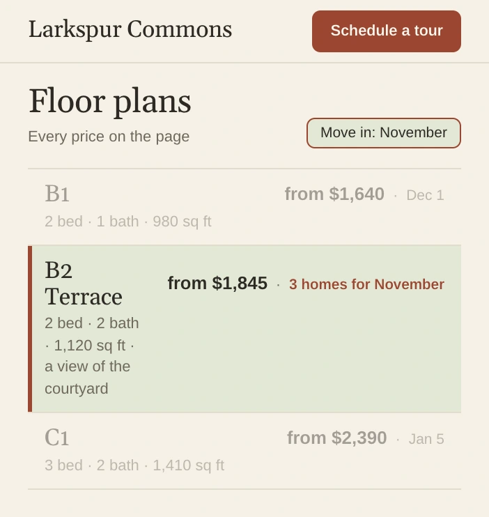 Larkspur Commons's Floor plans page with B2 Terrace lit.