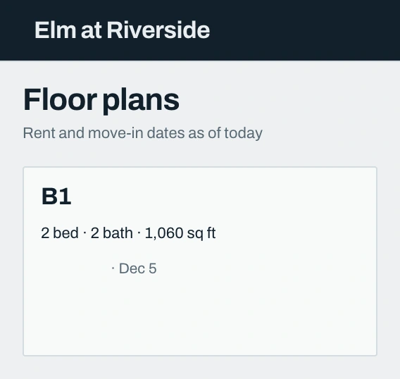 Elm at Riverside's Floor plans page, whose prices and Tour buttons cut from teal to a deeper teal.