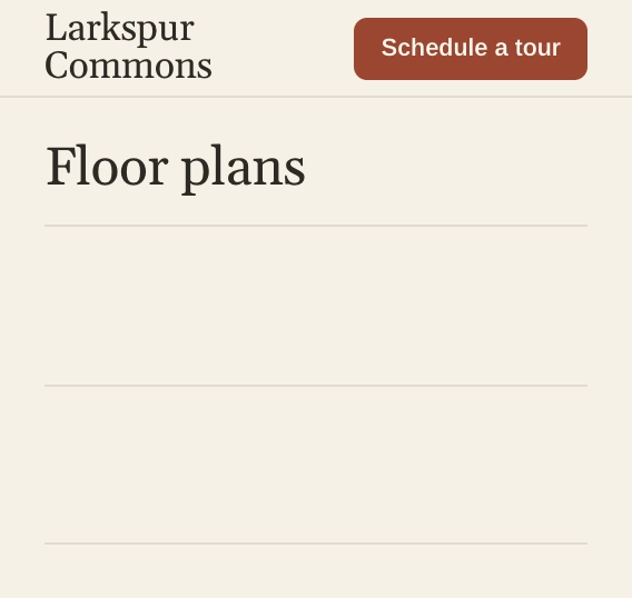 Larkspur Commons's Floor plans draft, where each plan row lights up as November: one month free on a 13-month lease replaces No offer this month.