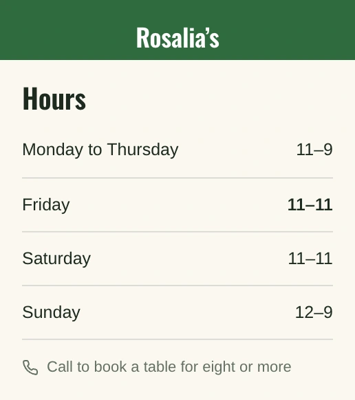 Rosalia's live hours page with Friday reading 11–11.
