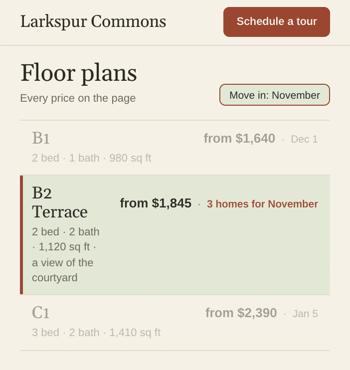 Larkspur Commons's Floor plans page with B2 Terrace lit.