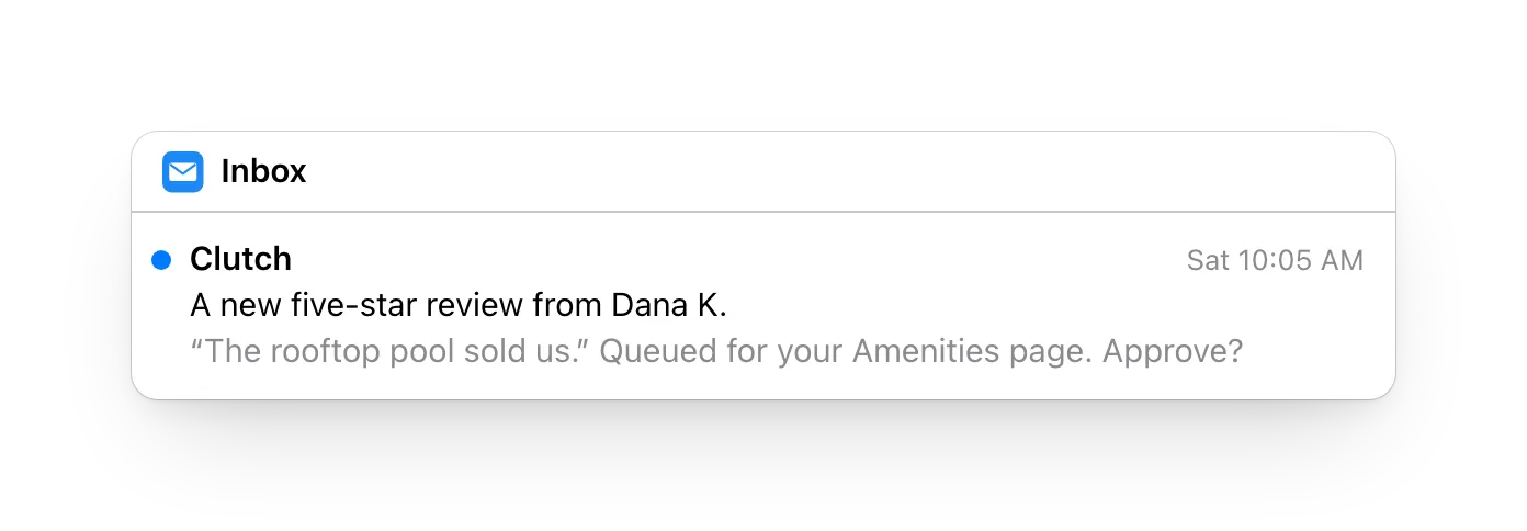 Mail's inbox: an email from Clutch, a new five-star review from Dana K., queued for the Amenities page until approved.