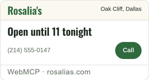 Rosalia's card in the assistant's answer: open until 11 tonight, (214) 555-0147, with a Call button.