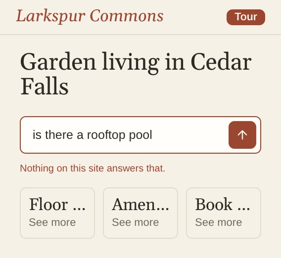 Larkspur Commons's home page answering is there a rooftop pool with Nothing on this site answers that.