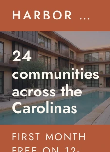 Harbor Residential's home page header in the Clutch app: the name bar, the courtyard under 24 communities across the Carolinas and the special.