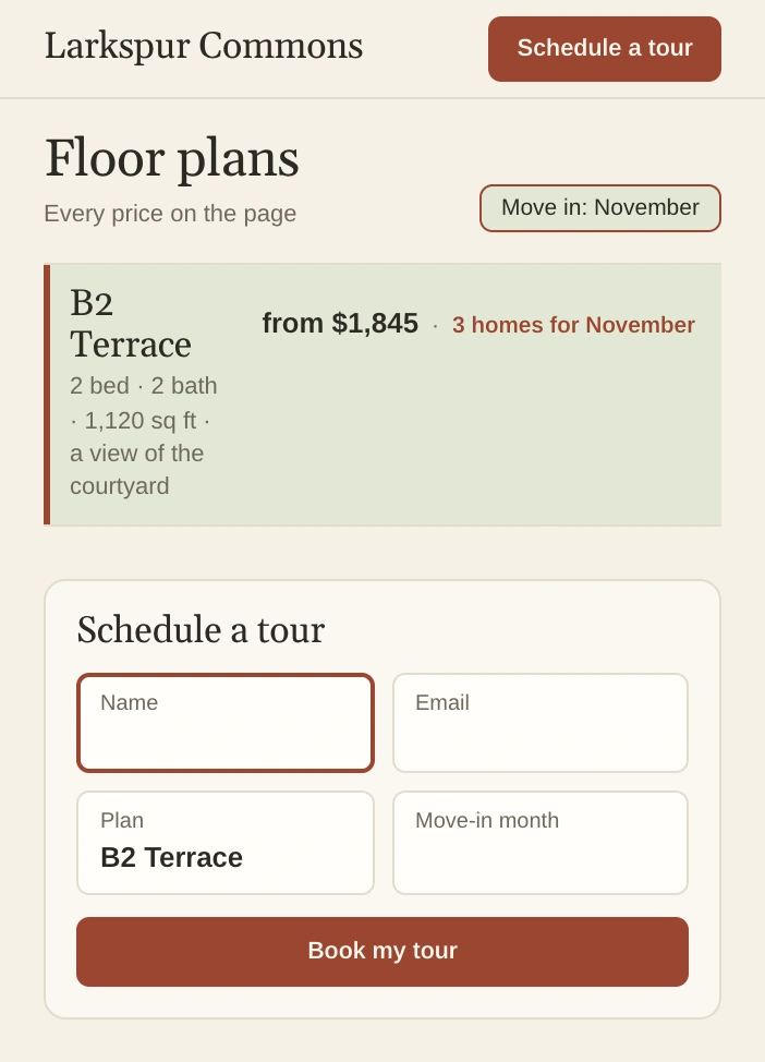 Larkspur Commons's Floor plans page with B2 Terrace lit.
