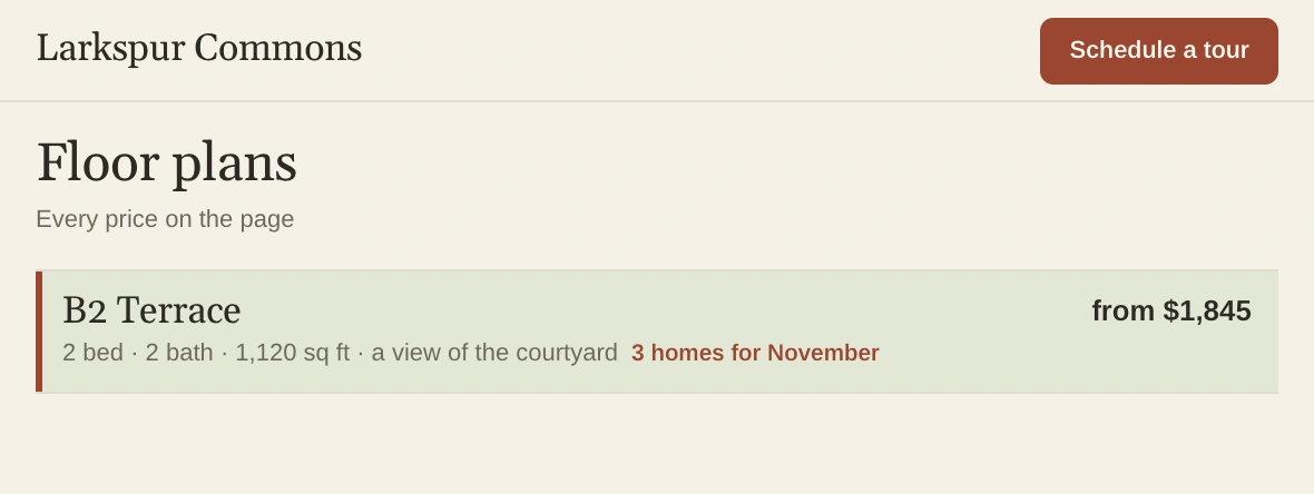 Larkspur Commons's Floor plans page, with B2 Terrace from $1,845 highlighted and 3 homes for November.
