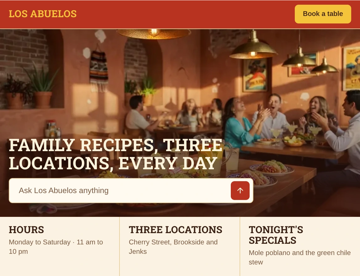Los Abuelos's home page, with the headline Family recipes, three locations, every day over a dining photo, an ask bar and the restaurant's hours.