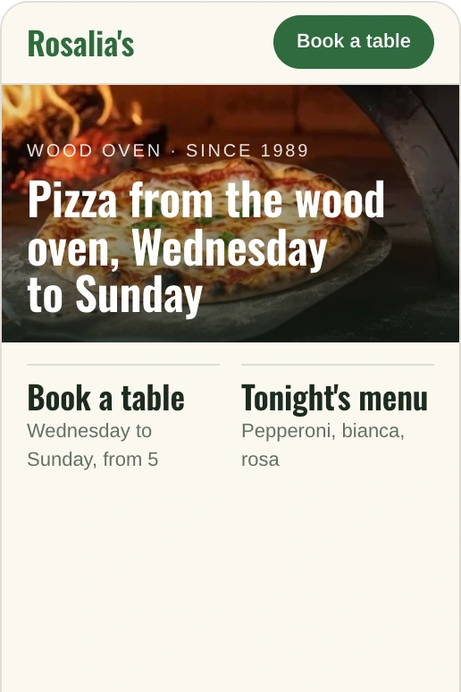 Rosalia's home page on a phone: Pizza from the wood oven, Wednesday to Sunday, over the wood oven photo, with Book a table and Tonight's menu below.