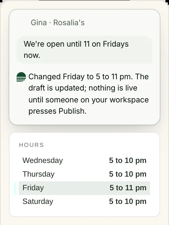 Rosalia's site with Gina's pin on Friday's hours, Clutch's reply that the draft now reads 5 to 11 pm, and the Hours card.