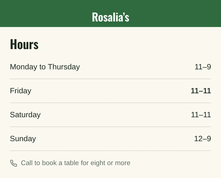 Rosalia's hours in the draft with Friday reading 11–11.