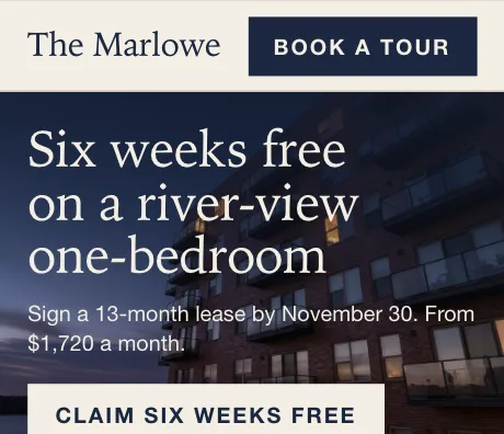 The Marlowe's landing page for its river-view ad: six weeks free on a river-view one-bedroom, and a button to claim it.