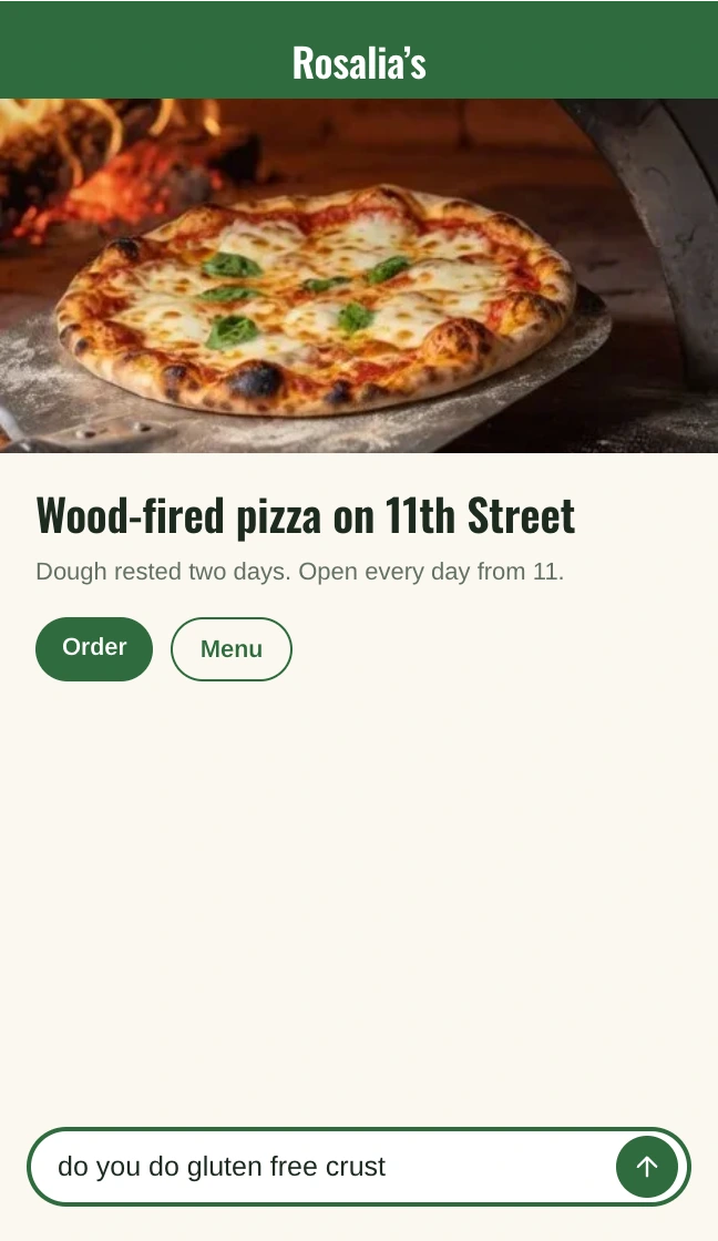 Rosalia's home page on a phone with do you do gluten free crust typed into the Find at the foot.