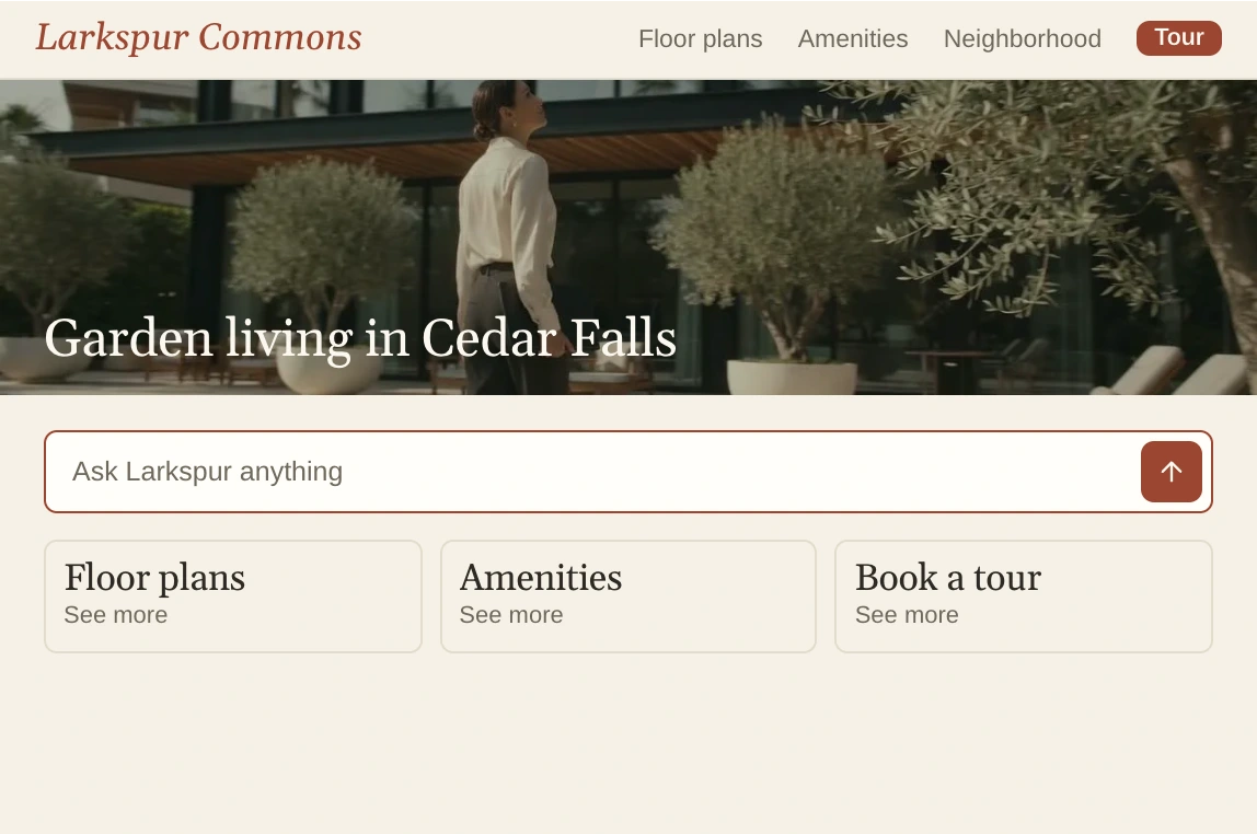 Larkspur Commons's home page: the courtyard under Garden living in Cedar Falls, the Find reading Ask Larkspur anything, and cards for Floor plans, Amenities and Book a tour.