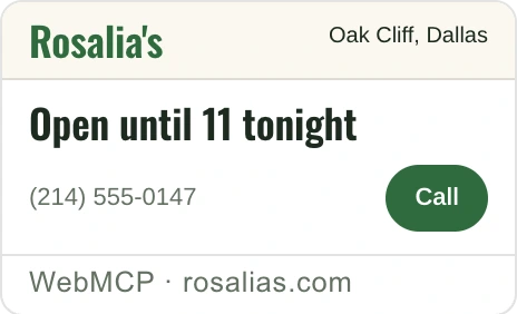 Rosalia's card in the assistant's answer: open until 11 tonight, (214) 555-0147, with a Call button.