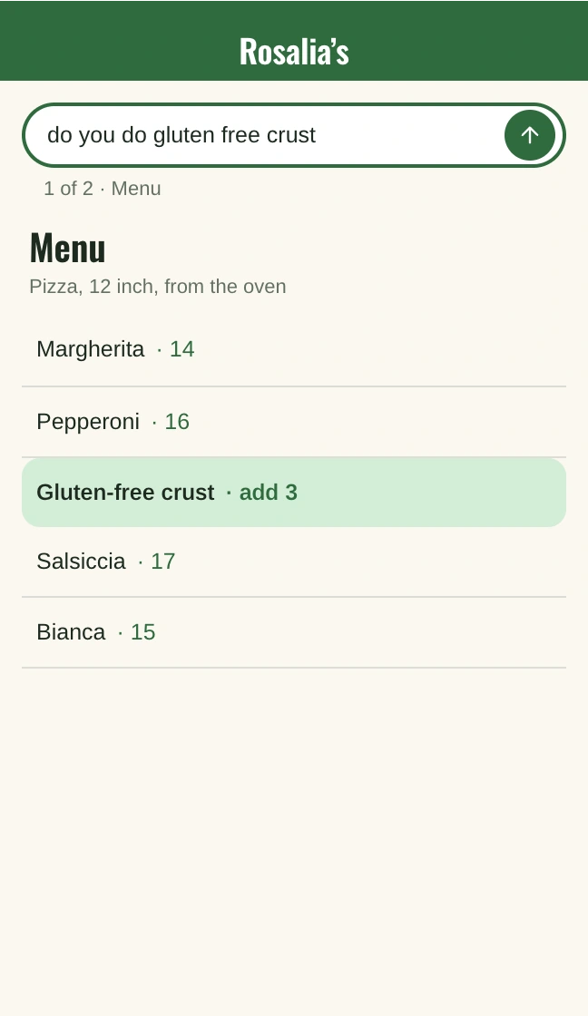 Rosalia's menu on a phone under the question, with Gluten-free crust, add 3, highlighted.