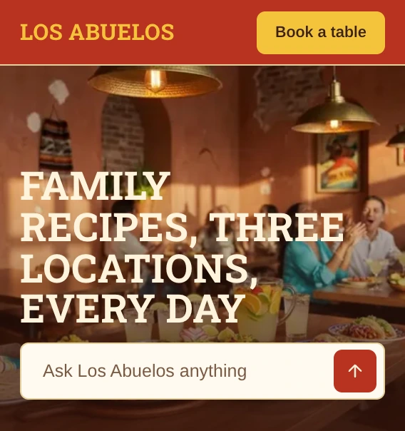Los Abuelos's home page, with the headline Family recipes, three locations, every day over a dining photo, an ask bar and the restaurant's hours.