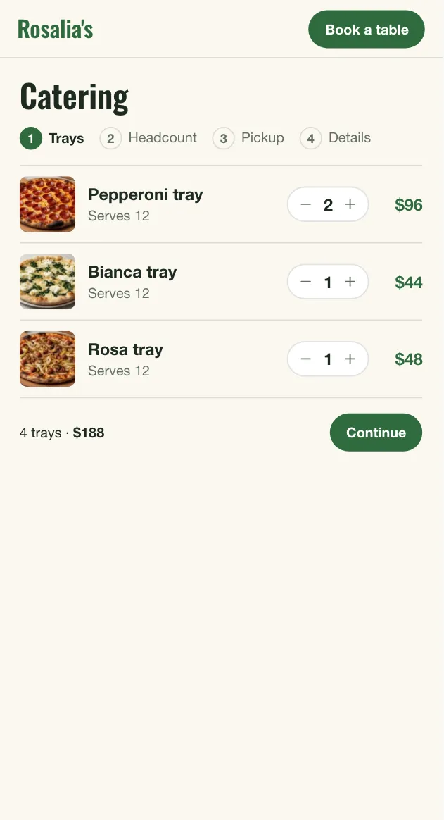 Rosalia's catering order form on its first step, the trays: pepperoni, bianca and rosa, 4 trays for $188.