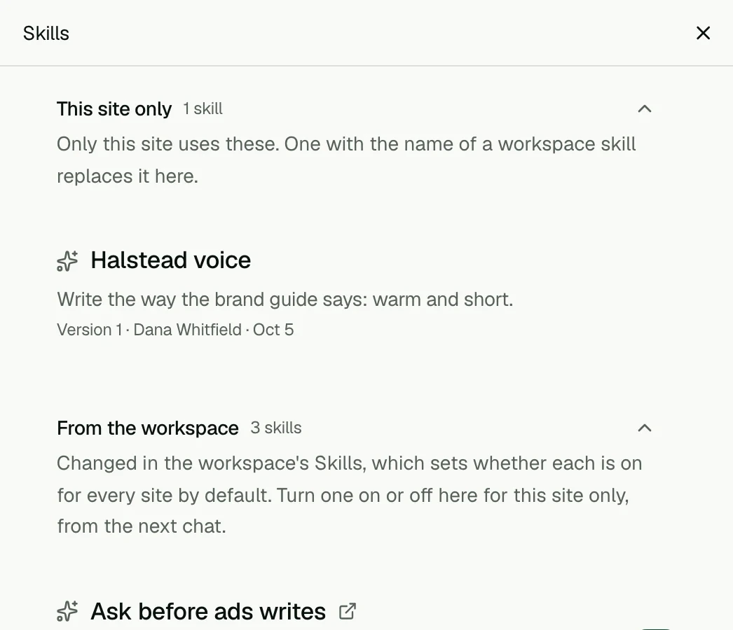 Skills in Clutch: the site's own voice, and the workspace's rules to ask before ads writes or price changes