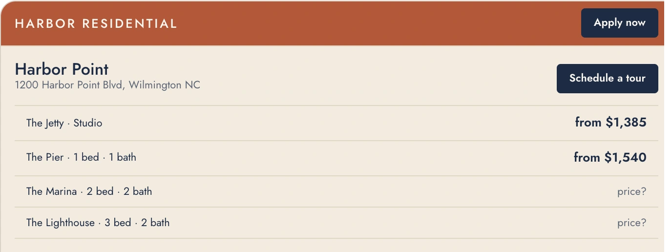 Harbor Residential's draft page for Harbor Point, with its address, a Schedule a tour button and its floor plans.