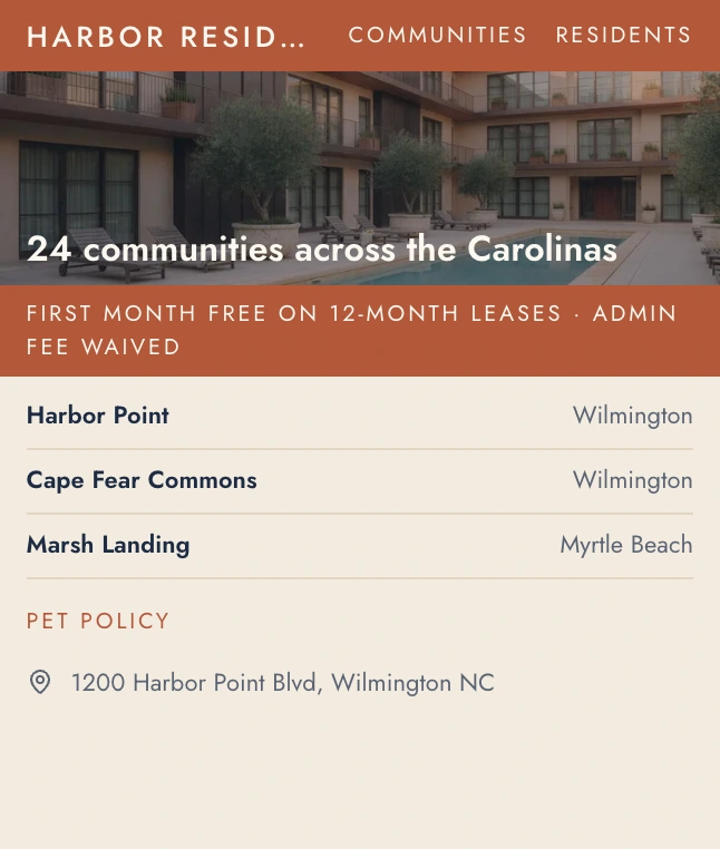 Harbor Residential's home page as Clutch's draft paints it: the courtyard under 24 communities across the Carolinas, the special, three communities, Pet policy and the office address.