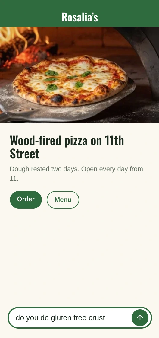 Rosalia's home page on a phone with do you do gluten free crust typed into the Find at the foot.
