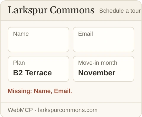 Larkspur Commons's Schedule a tour form with Plan B2 Terrace and Move-in month November filled in, and Missing: Name, Email.