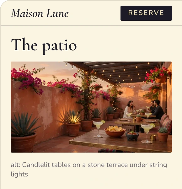Maison Lune's Patio page with the candlelit terrace photo and its alt text: Candlelit tables on a stone terrace under string lights.