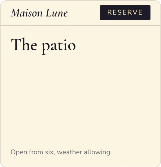 Maison Lune's Patio page, where the empty photo slot fills with a candlelit terrace photo.