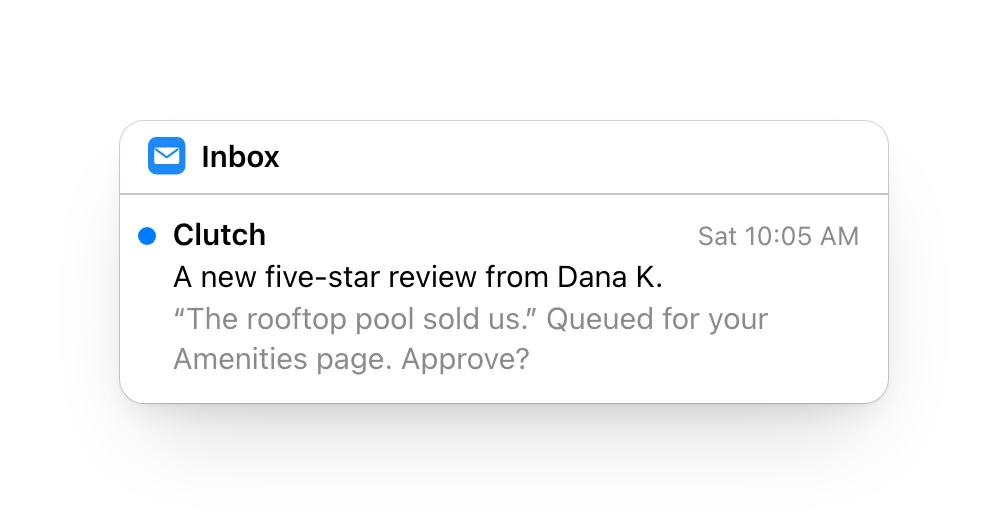 Mail's inbox: an email from Clutch, a new five-star review from Dana K., queued for the Amenities page until approved.
