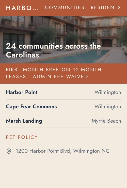 Harbor Residential's home page as Clutch's draft paints it: the courtyard under 24 communities across the Carolinas, the special, three communities, Pet policy and the office address.