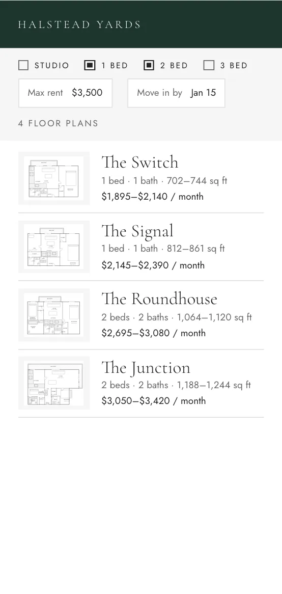 Halstead Yards' Floorplans with an apartment search: 1 and 2 bed picked, max rent $3,500, move in by Jan 15, and the floor plans that match.