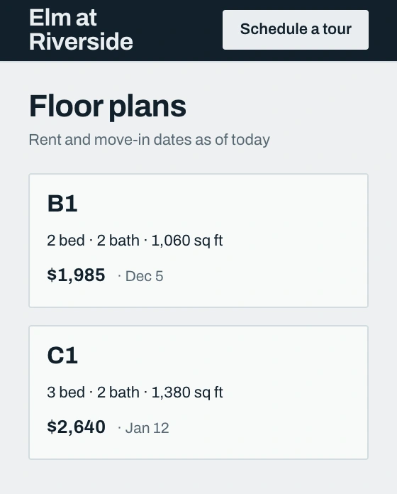 Elm at Riverside's Floor plans page in ink and pale grey with square cards: B1 at $1,985 and C1 at $2,640.