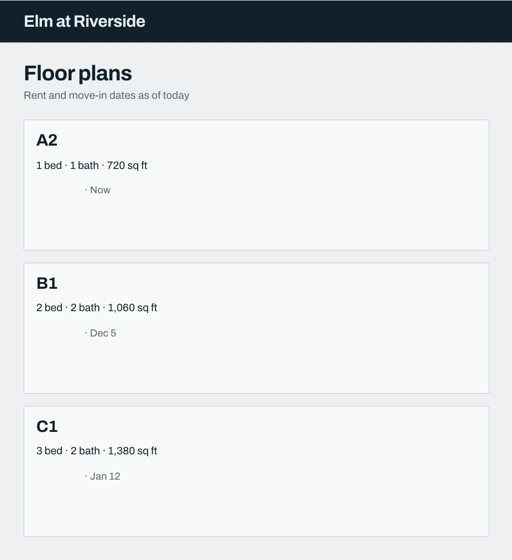 Elm at Riverside's Floor plans page, whose prices and Tour buttons cut from teal to a deeper teal.