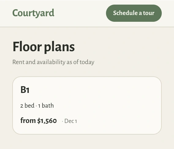 Courtyard's Floor plans page in sage and cream with rounded cards: B1 from $1,560 and B2 from $1,715.