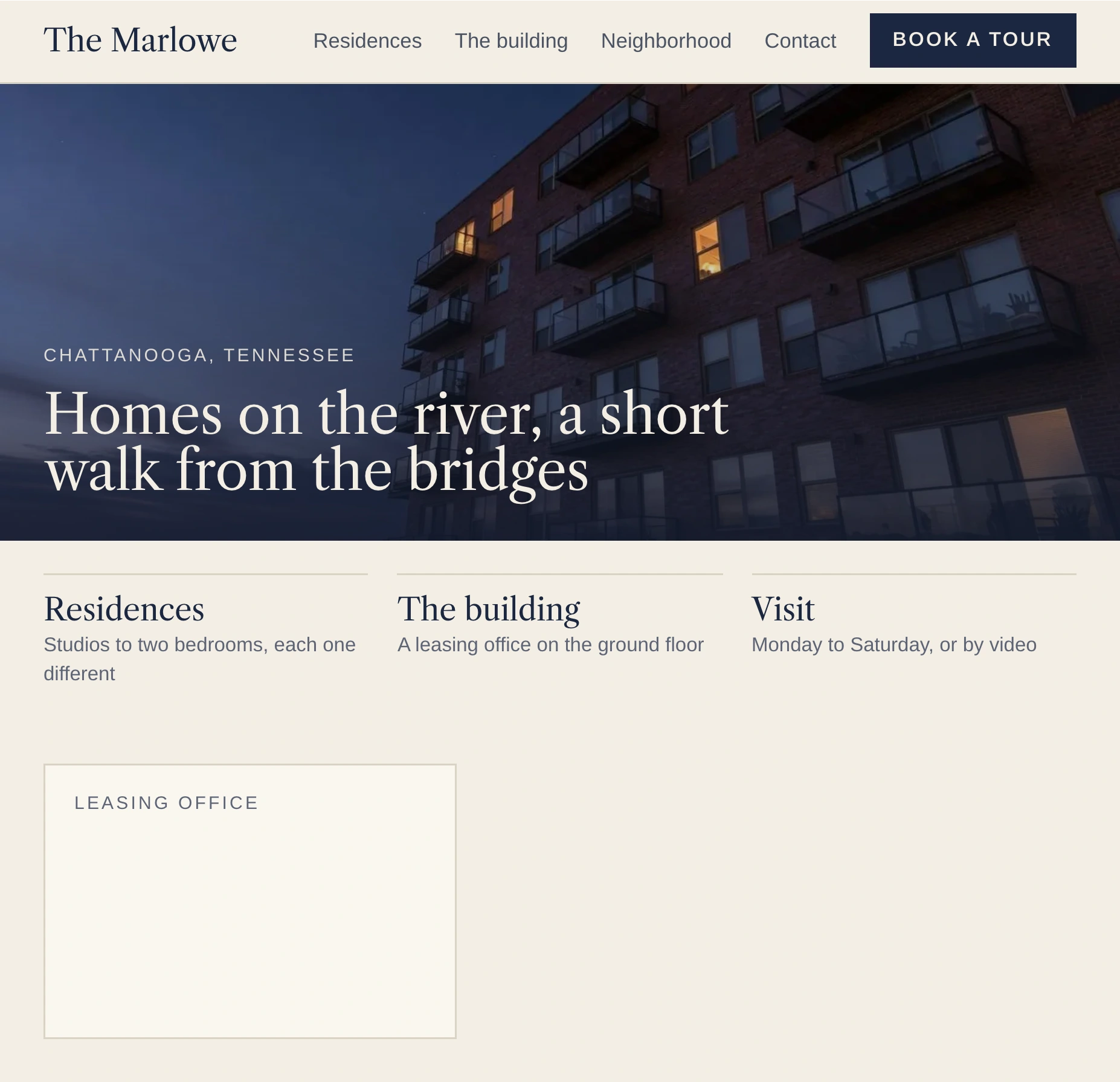The Marlowe's home page, where the leasing office hours change to stay open until 7 on Thursdays.