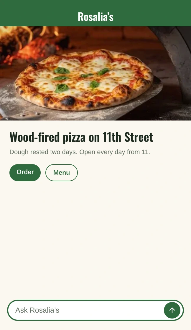 Rosalia's home page on a phone: a wood-fired pizza, Wood-fired pizza on 11th Street, Order and Menu, and the Find reading Ask Rosalia's at the foot.